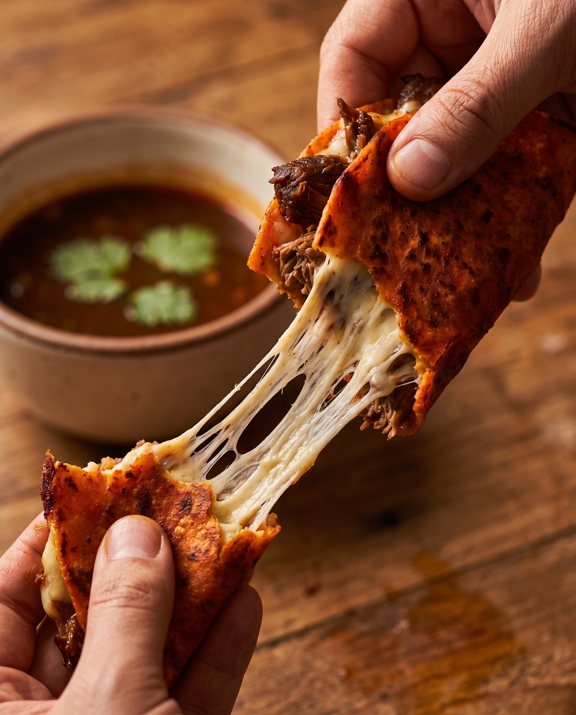 Quesabirria : tortilla de maïs dorée garnie de bœuf effiloché et de fromage fondu